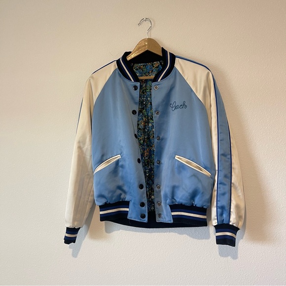 Coach Jackets & Blazers - Vintage Coach Reversible Varsity Jacket M/L Blue Satin Bomber Floral Snap *Flaw